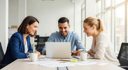 Obraz premium Businessman and two businesswomen collaborating around a laptop in a bright office