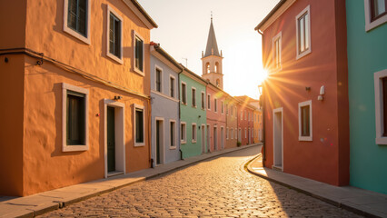 Obraz premium Colorful buildings line cobblestone street sunset, creating warm and inviting atmosphere. sun rays illuminate vibrant facades, enhancing charm