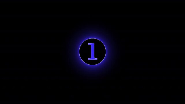 Abstract neon text 1 number countdown icon animation on black background.