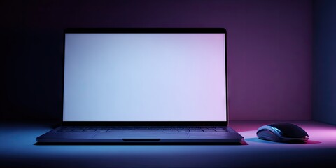 Laptop and Mouse on Desk with Blank Screen.