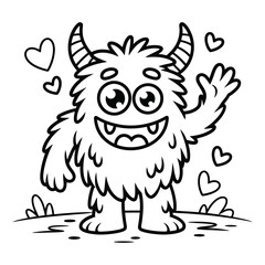Cute fluffy monster waving hello with hearts