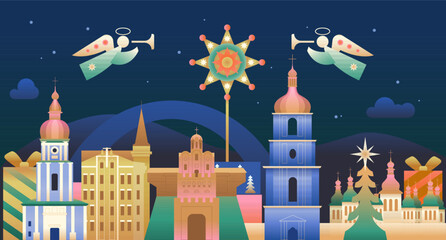 Kyiv City Skyline with St. Sophia Cathedral, Golden Gates, Christmas Star, Angels and Gift Boxes. Christmas Background of the Capital of Ukraine. Flat Vector Illustration.