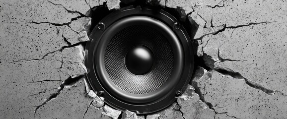 Powerful audio speaker breaking through a cracked concrete wall with intense sound waves.