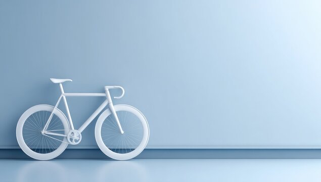 A clean, minimalist scene displays a pristine white bicycle against a light blue wall. - Powered by Adobe