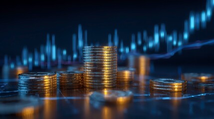 Stacks of Coins with Financial Graph and Chart Background in Focus