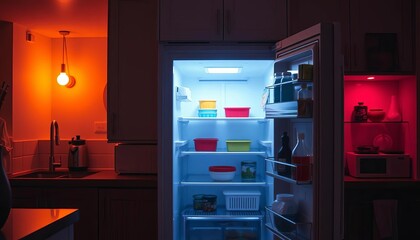 Open refrigerator at night, kitchen interior dimly lit,  cold,  power