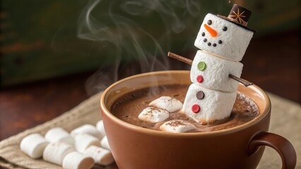 Cute marshmallow snowman in hot chocolate mug with festive decorations, perfect for winter drinks, Christmas recipes, holiday greeting cards, seasonal menus, cozy wintertime marketing visuals
