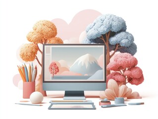 Artistic Computer Setup with Colorful Trees and Creative Tools.