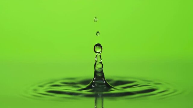 A single water drop falling and creating perfect concentric ripple effects, isolated on a solid green background seamless, fluid, nature - Powered by Adobe