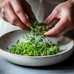 Macro shot of hands carefully placing microgreens on a plate bright green tones contrast with white ceramic, subtle soft light clean background with slight texture of work surface