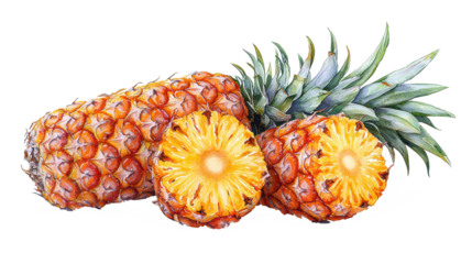 A vibrant watercolor painting showcasing a variety of freshly cut pineapples including whole fruits and cut sections isolated on transparent background png.