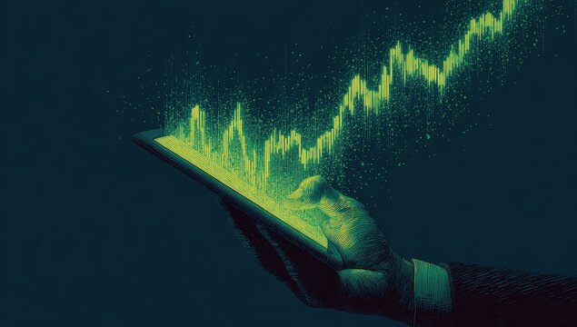 Hand holding tablet displaying financial data analysis with green graph.