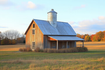 Obraz premium Metal-roofed barn with a sieve on the ground.