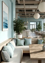 Fototapeta premium Modern restaurant interior design with wooden furniture and ocean painting