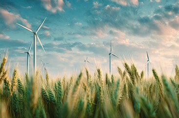 Wind turbines in a field of wheat under a cloudy sky.