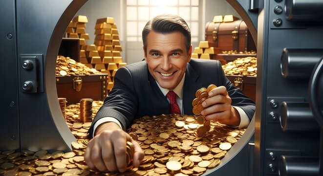 Jubilant businessman in a tailored suit sits inside a secure bank vault, surrounded by a vast treasure of shimmering gold coins, a symbol of immense wealth