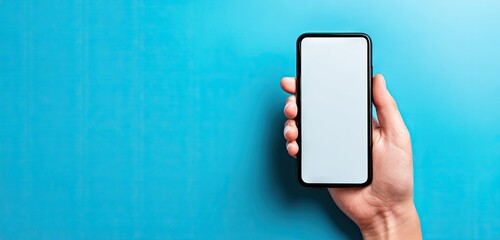 Hand holding smartphone with blank screen on blue background.
