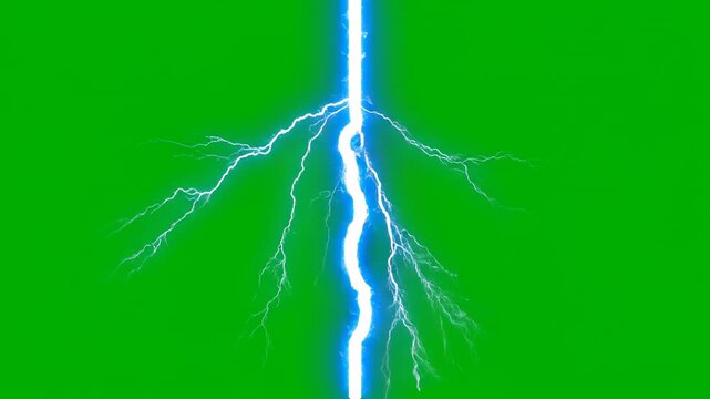 A single, powerful blue lightning bolt striking downwards with impactful energy, isolated on a green screen high voltage, creative, neon