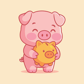 Illustration of Cute Pig Holding Piggy Bank
