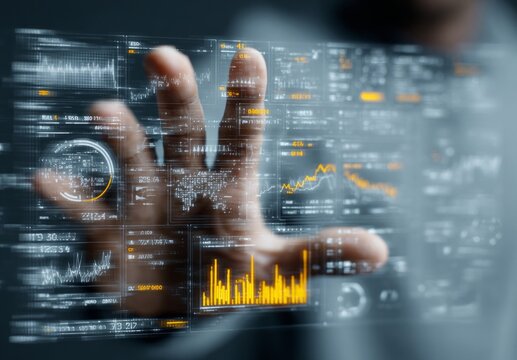 Businessman using futuristic transparent screen displaying interactive data analysis charts