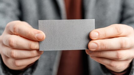 Businessman showing blank grey business card close up