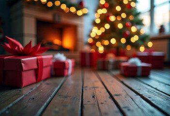 Christmas Gifts and Decorations Near a Fireplace and Christmas Tree. Celebration concept