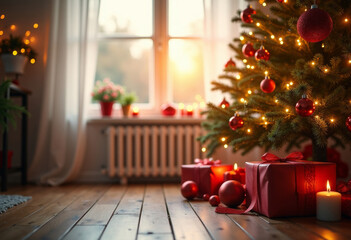 New Year decoration room with New Year tree, lights and gifts. New Year celebration background, text space