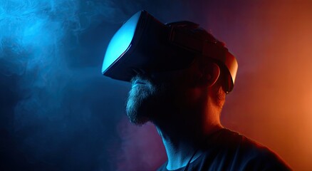 Person wearing VR headset in colorful illuminated environment.
