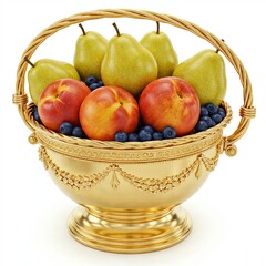 Luxury golden basket with pears peaches and blueberries on pure white background