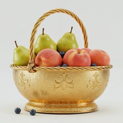 Luxury golden basket with pears peaches and blueberries on pure white background