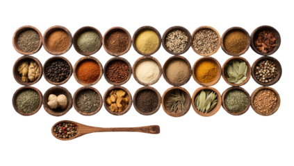 Extensive spice collection in wooden bowls isolated on transparent background, showcasing a world of culinary possibilities