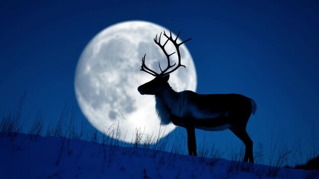 Reindeer silhouette - Peaceful & wintry - Standing on snowy hill - Moonlit night sky backdrop
