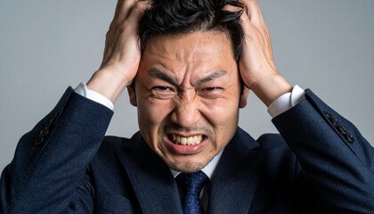 スーツ姿の男性がストレスで頭を抱える姿