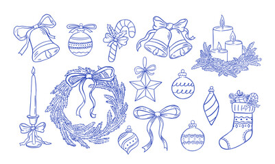 Hand draw set of Christmas wreath, decor, fir tree branches, candle, bow, balls and bells. Holidays decoration in doodle style. New Year design. Vector illustration.