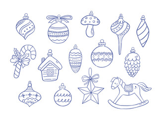 Hand draw retro set of decorations, balls, star, toy, candy vector illustration. Holidays decor in doodle style. New Year design.
