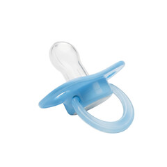Isolated infant pacifier with light blue tones and clear silicone construction offers comfort