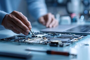 Skilled Technician Repairing a Laptop Motherboard with Precision Tools.