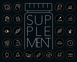 Vitality icon set for supplement, human-improving products.The outline icons are well scalable and editable. Contrasting elements are good for different backgrounds. EPS10.