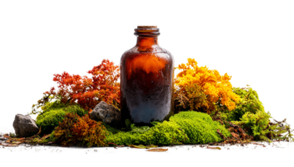 Amber bottle of essential oil on a bed of moss isolated on transparent background, alternative medicine concept