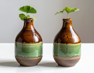 Title:
Two ceramic vases on white surface with brown and green colors, ginkgo leaves