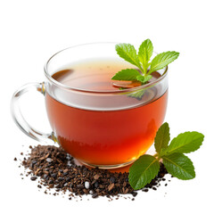 Cup of tea, refreshing mood, herbal infusion, with fresh mint leaves, copy space