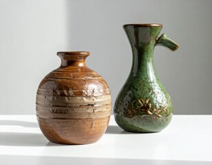Title:
Two ceramic vases on white surface with brown, beige, and green colors, floral patterns