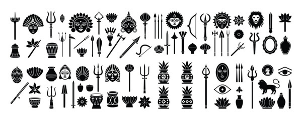 Hindu Festival Icons Set – Durga Puja, Navratri, Religious Symbols, Vector Silhouette