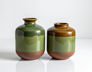 Title:
Two ceramic vases on white surface with green and brown colors
