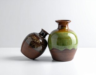 Title:
Two ceramic vases on white surface with green, brown, and black colors