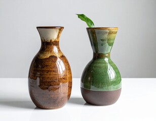 Title:
Two ceramic vases on white surface with brown and green tones