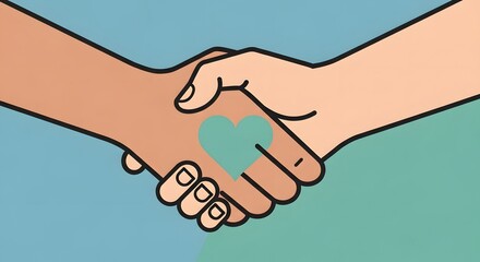Illustrative handshake showing diverse hands coming together in unity and partnership, highlighted by a heart symbol, representing care and mutual support