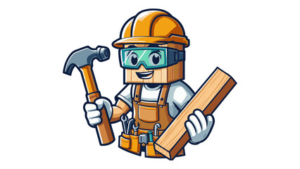 Mascot Carpenter with Hard Hat, Goggles, Hammer, and Wood