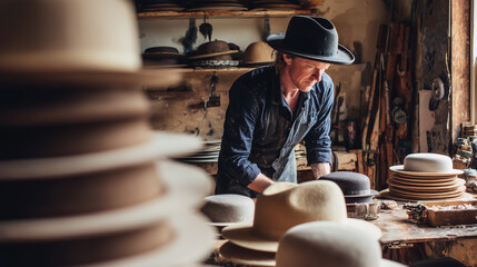 A man is working on hats in a workshop