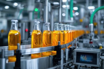 Industrial beverage factory production line with glass bottles on conveyor belt.